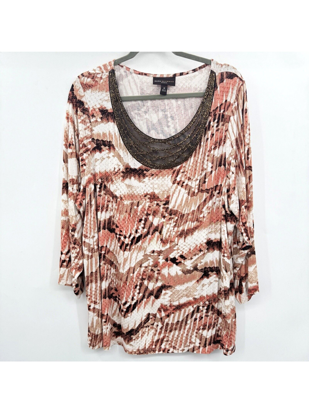 Dana Buchman Woman Beaded Knit Scoop Neck Top Size 2X Brown Pink Printed Boho